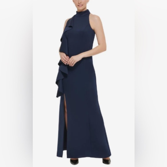 Jessica Howard Dresses & Skirts - JESSICA HOWARD
1Pc Sleeveless Mock Neck Cascade Ruffle Gown W/ Slit At Hem Navy